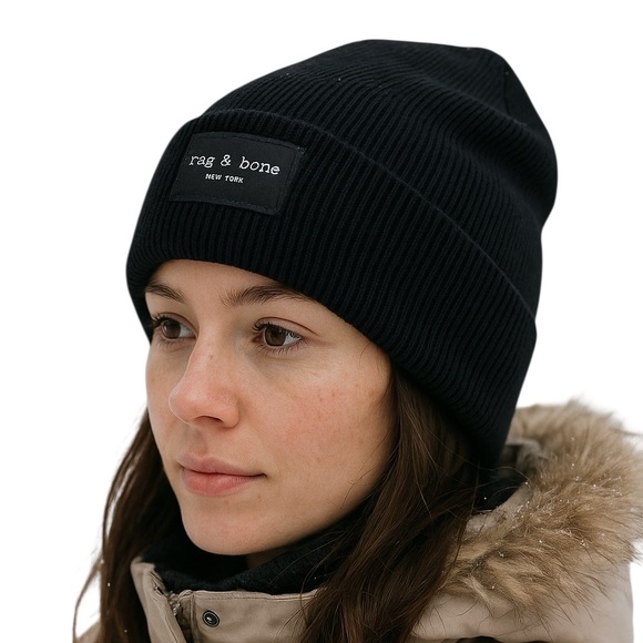 Rag & Bone Blake Beanie Wool Blend Rib Knit Logo Patch Cuff Black One Size New - Picture 1 of 5